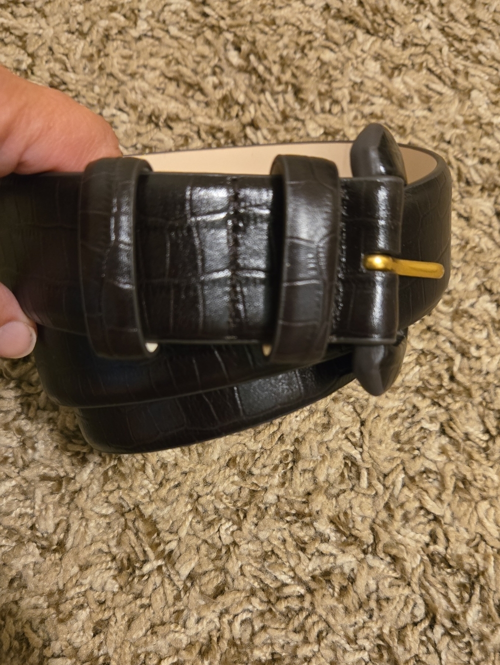 J. McLaughlin Croc-Embossed Leather Belt in Black with Gold Buckle